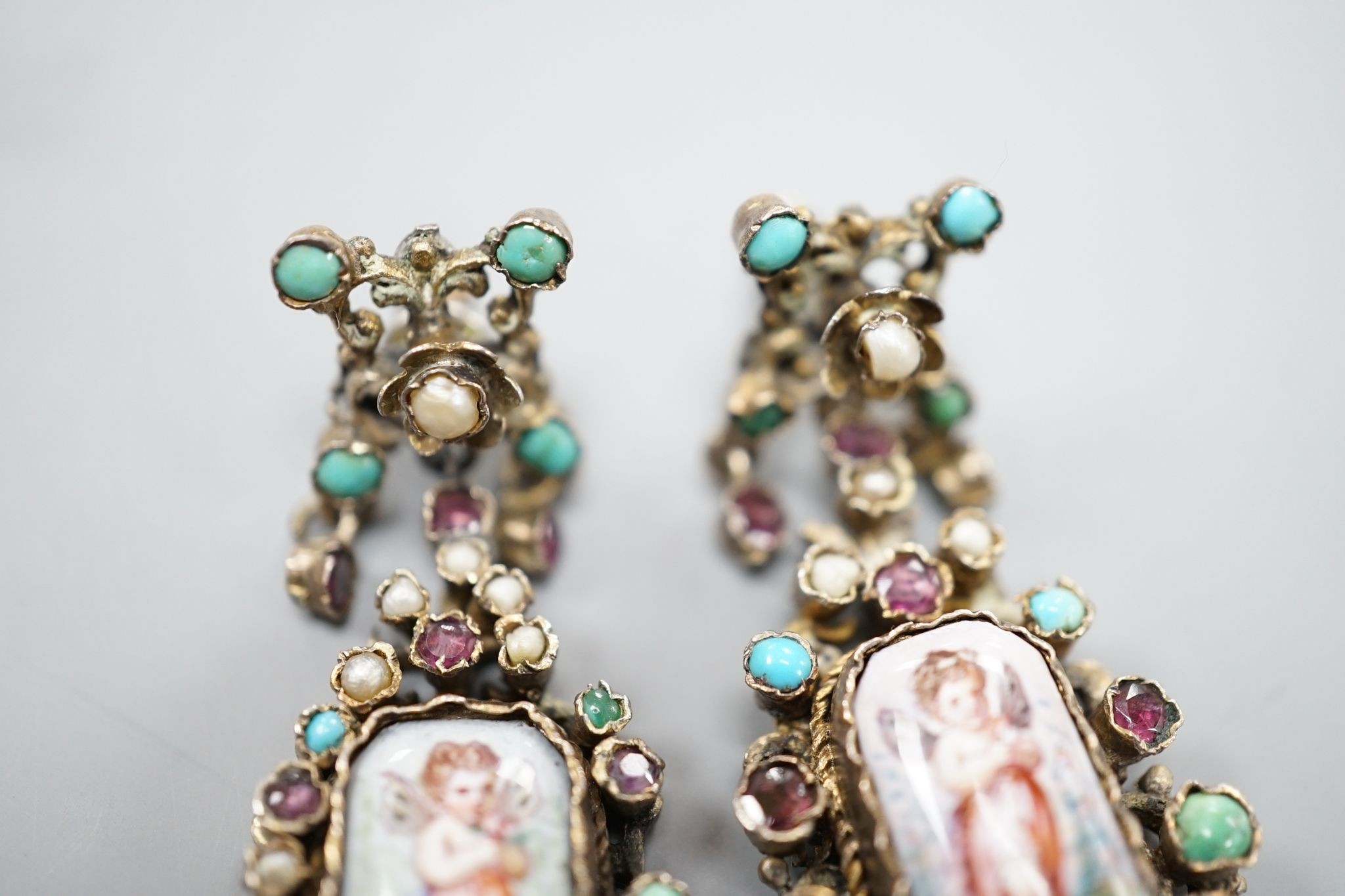 A pair of 19ct century Austro-Hungarian? gilt white metal, enamel and semi=precious gem set drop earrings, 7cm.